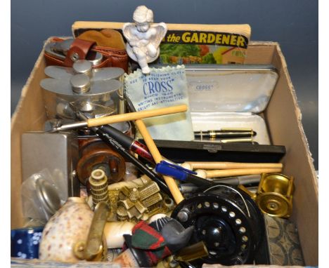 Boxes and Objects - a 19th century fishing reel; others, similar; pens including cross; hip flask; coins; snuff box; a novelt