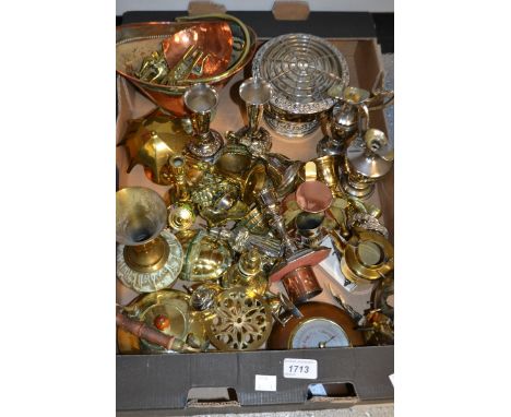 Copper and Brass - a copper minature coal scuttle; other decorative pieces, barometer; EPNS rose bowl; etc (2 boxes)