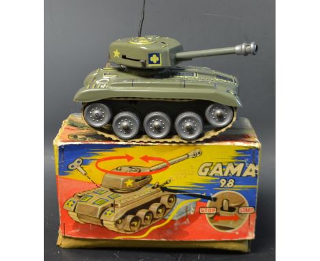 Gama Mechanik (Germany) No.654 M98 tinplate Tank - green, with detailed tin printing, firing canon, aerial and front machine-