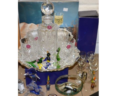 Glassware - Royal Albert Whiskey glasses and decanter, glass animal models etc 