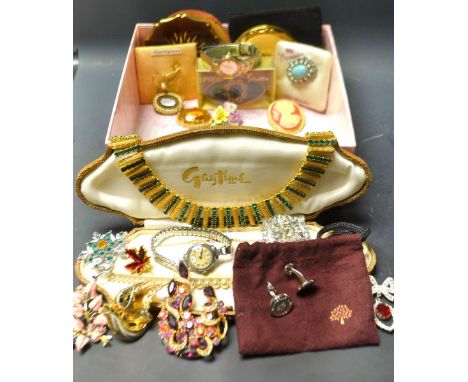 Costume jewellery - a pair of Mulberry cufflink's, with Mulberry bag ensuite; a  Strattan dip view boxed; a Strattan compact,
