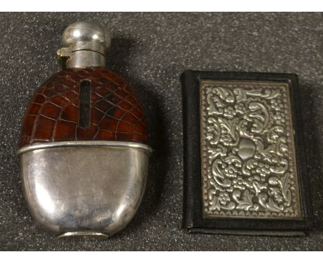 A Birthday book with silver cover; a crocodile mounted hip flask (2)