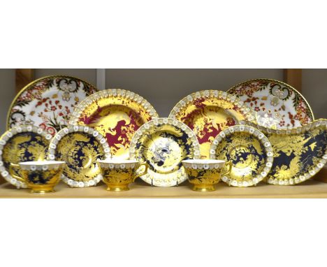 Royal Crown Derby - a pair of 383 witches pattern dinning plates; three blue Aves cups and saucers, a crescent dish a side pl