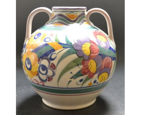 A Poole Carter Stabler Adams two-handled ovoid vase, painted in the typical colours, with stylised flowers and foliage, 18cm 
