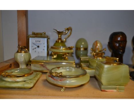 Green onyx - carriage clock; table lighters; cigarette boxes; ewer; etc 