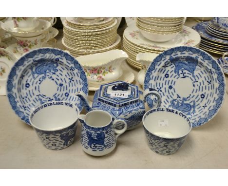 An interesting late 19th century Copeland Spode Robert Burns pattern teapot, milk and sugar, transfer printed in blue and whi