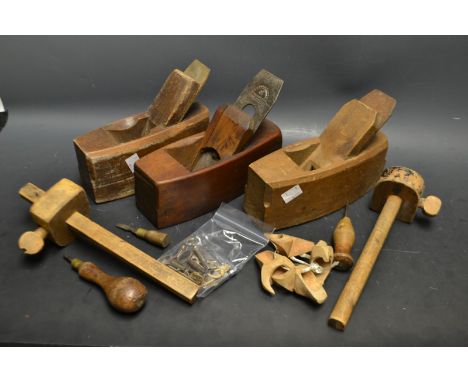 Carpentry Tools - a Moseley and Son block plane; others; gauges; other hand tools; a cigarette lighter; keys