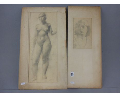Two Pencil Sketches, one full portrait of a naked lady and another portrait