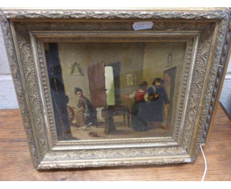 Gilt Framed Oil on Panel of 19th century Figures in an Interior Scene