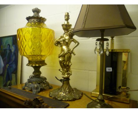 Gilt Metal Table Lamp with Amber Glass Shaft, Gilt Classical Maiden Table Lamp and Two Other Table Lamps