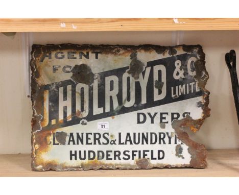 Vintage Double Sided Enamel Advertising Sign ' J Holroyd & Co Limited, Dyers, Cleaners and Laundry, Huddersfield '