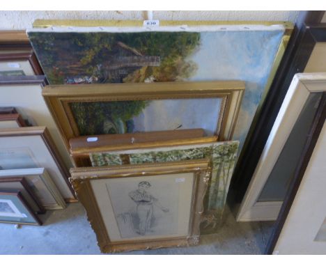 Oil on Canvas of London Scene with policeman, Humorous Pencil Drawing of a Boy Cricketer plus a Hunting Scene Oil Painting, T