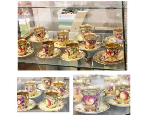 Royal Worcester Hand Painted Nine Coffee Cups, Saucers and Two Tea Plates, each decorated with fruits including A Kendrey, N 