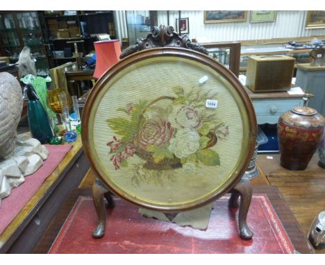 Victorian Circular Mahogany Framed Firescreen with Floral Needlework Panel