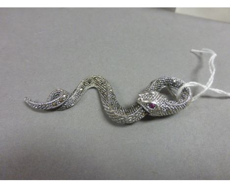 Large silver and marcasite snake brooch with ruby eyes 
