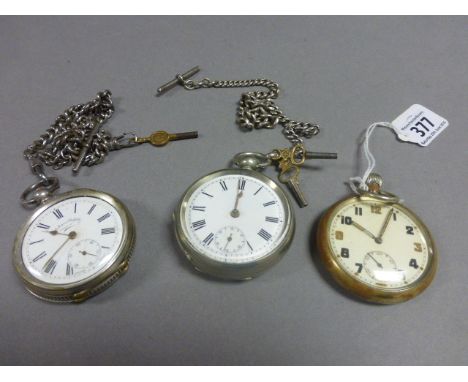 Three Vintage Pocket Watches including 15 jewel,Silver  J G Graves and a Silver Pocket Watch Chain