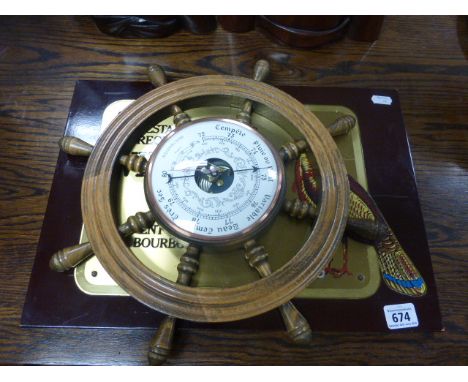 Wild Turkey Club Kentucky bourbon whiskey advertising sign plus French barometer designed as a ships wheel
