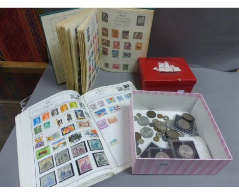 Quantity of Coins including Thaler, Silver Victorian, Commemorative Crowns, etc together with Two Stamp Albums and Vintage Bu