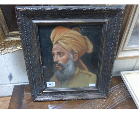 An oil painting of a bearded Asian man in turban