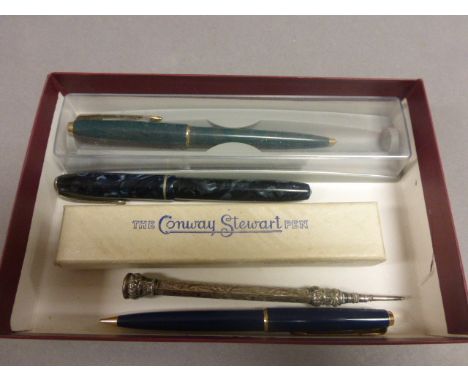 Two Conway Stewart Fountain Pens, Parker Ball Point Pen in Box, Parker Pencil and White Metal Pencil with Agate end