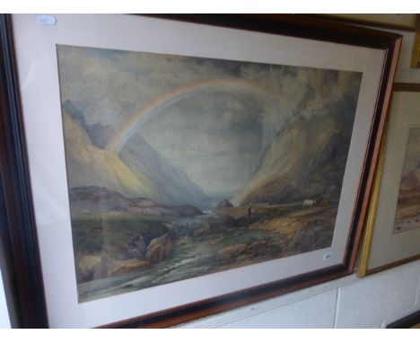 Large Framed and Glazed Watercolour depicting Cattle in Mountainous and Seascape with Rainbow signed Bridges 1847