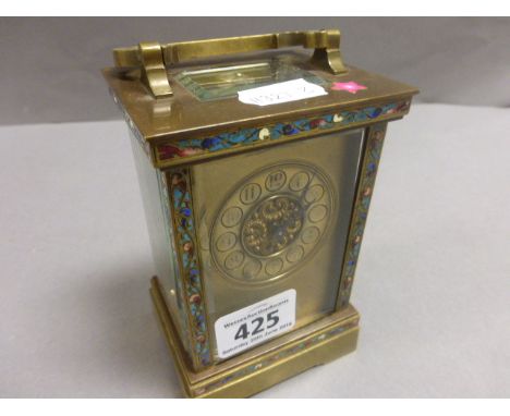 Inlaid Cloisonne Brass Carriage Clock and Key