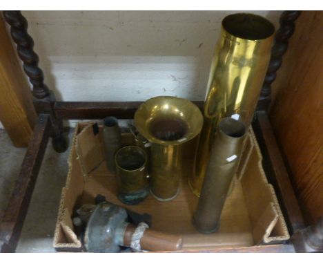 Group of Six Brass Trench Art Shell Vases and a Military Compass
