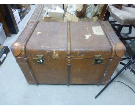 Vintage Bentwood Bound Large Travelling Trunk with some luggage labels