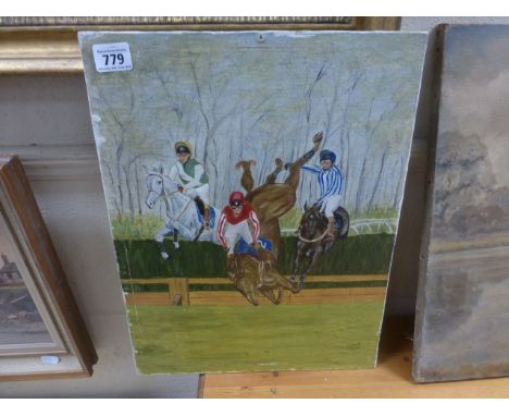 Oil on Panel of Race Horse and Jockies jumping a Hurdle ' Oops a Daisy ' signed K Stott