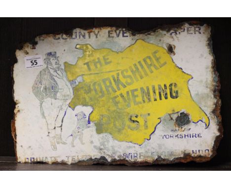Vintage Double Sided Enamel Advertising Sign ' The Yorkshire Evening Post ' featuring a Yorkshire Man and a Dog