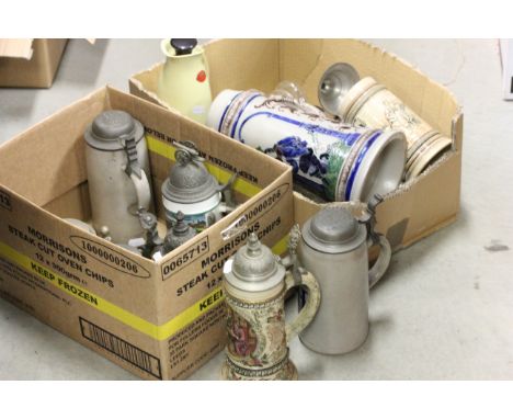 Quantity of German Steins and Tankards including one large marked PW together with other items including Thermos Flask, Glass
