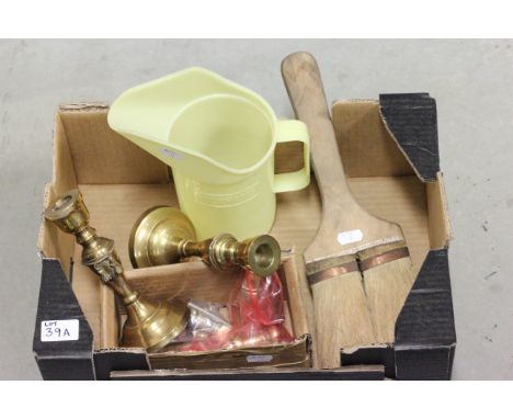 Vintage duckham oil jug, Vintage horse hair brush and wooden pistol plus Two brass candlesticks and postal weights