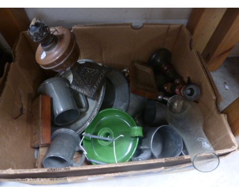 Mixed Lot comprising Oil Lamp, Candlesticks, Pewter, Wooden Cribbage Board, etc