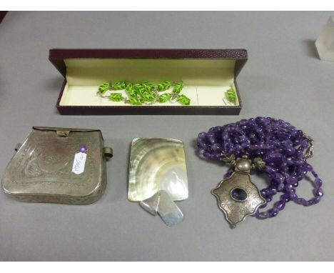 Amethyst and Silver Necklace plus White Metal Purse, Glass Sweet Necklace and Earrings in Box