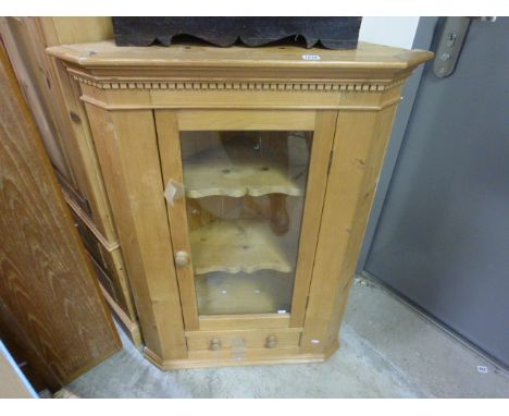 Pine Hanging Corner Cabinet with Glazed Panel Door and Drawer