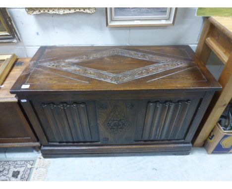 Oak Blanket Box with Carved Top and Linenfold Front Panel