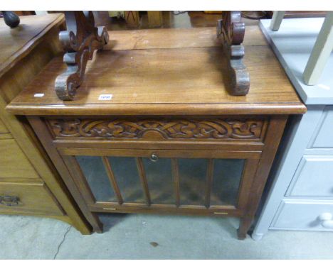 Oak Side Cabinet with Carved Panel and Glazed Drop Front