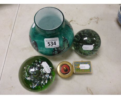 Caithness Glass Squat Vase, Caithness Paperweight and another Glass Paperweight plus Two Enamelled Pill Boxes