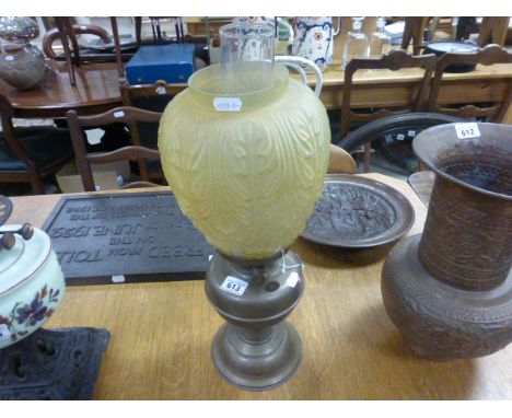 Brass oil lamp with glass shade and chimney