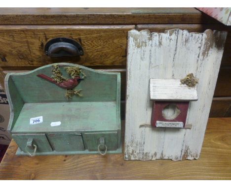 Wooden Bird Box Key Cabinet and a Wooden Shelf with Three Drawers