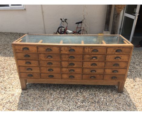 Vintage Oak Haberdashery Glazed Shop Counter / Cabinet  fitted with Twenty Stepped Drawers 