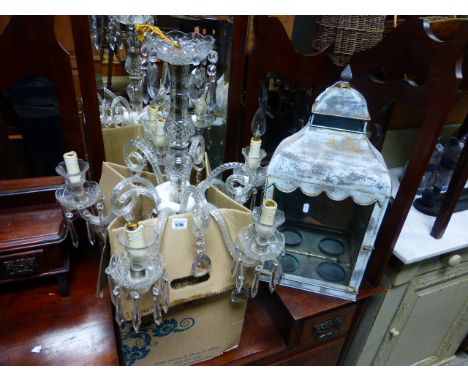 Six Branch Chandelier with Glass Crystal Drops and a Metal Storm Lantern