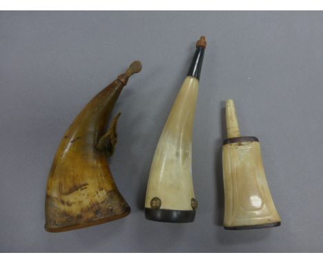 Three vintage horn powder flasks