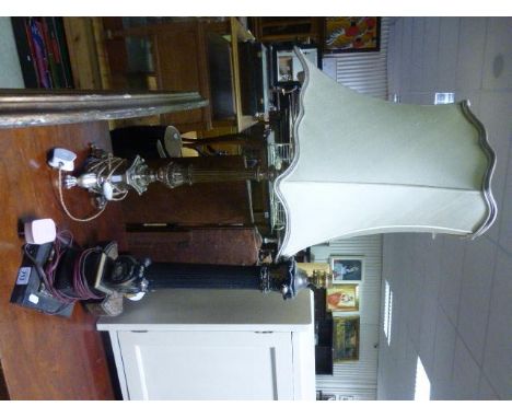Two Metal Table Lamps with Corinthian Columns together with a Wooden Table Lamp