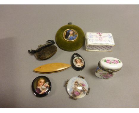 Ceramic Trinket Box, Jet Pendants with Ceramic Painted Portraits, Mauchlin ware Bobbin, etc