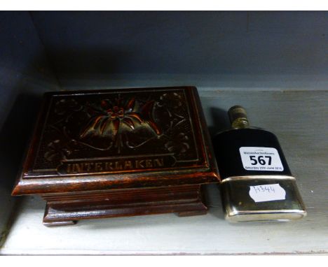 Swiss Carved Wooden Box plus Small Hip Flask