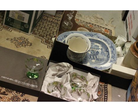 Two Boxes of Mixed Items including Ceramics and Metal Ware. Light Fitting, Jam Pan, etc
