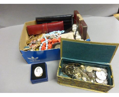Box of assorted vintage cstume jewellery, watch parts, leather cased manicure set etc