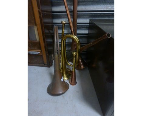 Copper and Brass Hunting Horn plus Five Other Copper & Brass Horns