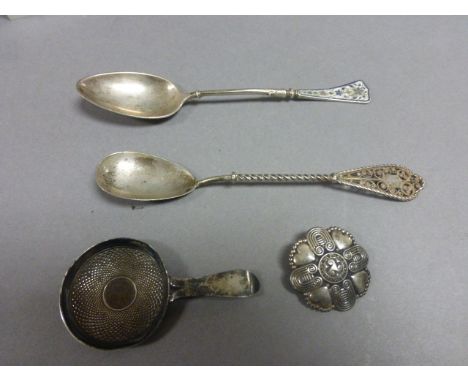 Three Silver Items including Caddy Spoon, Enamel Silver Spoon and another Spoon and Celtic Brooch